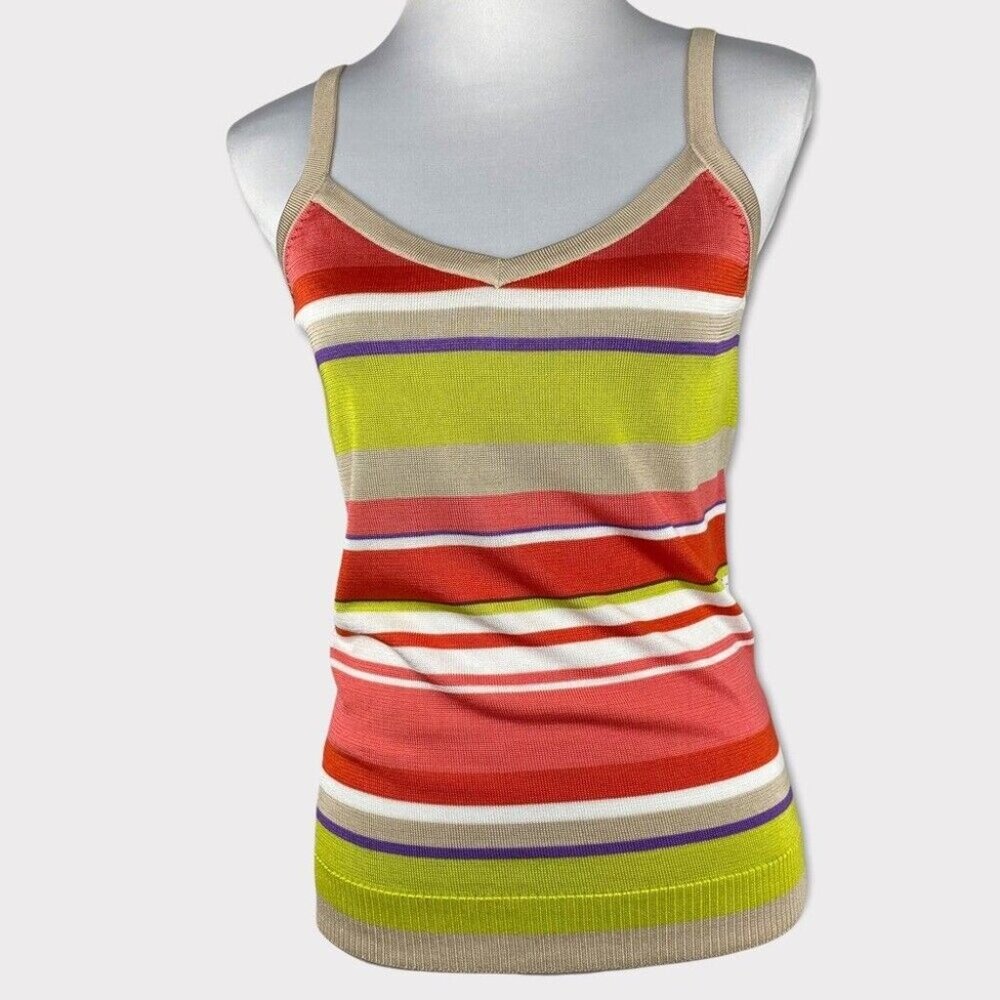 Anne Klein Women's NWT Green Sleeveless Stripe Knit V-Neck Tank Top Size S/C32